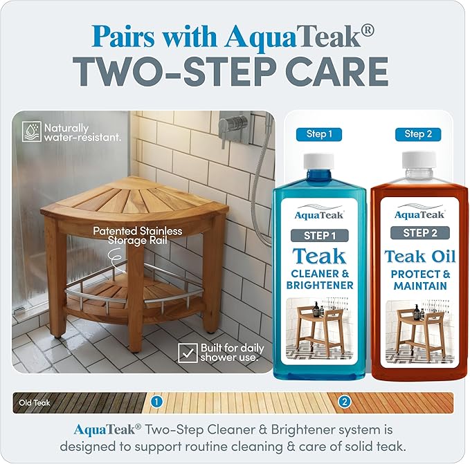 AquaTeak Patented 15.5" Kai Stainless Corner Teak Shower Bench - Shower Stool with Storage Shelf for Bathroom - Water Resistant Shower Chair with Teak Oil & Cleaner CareKit - Shaving Foot Rest