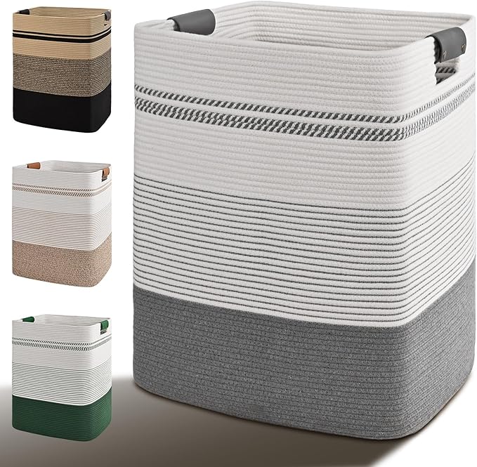 Degeyoyo Laundry Hamper, 85L Tall Laundry Basket with Leather Handles, Rectangle Large Clothes Hamper for Organizing, Cotton Woven Laundry Baskets Storage Hampers for Bedroom, Nursery, Living Room