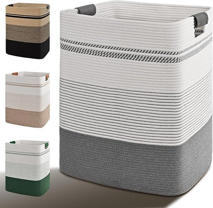 Degeyoyo Laundry Hamper, 85L Tall Laundry Basket with Leather Handles, Rectangle Large Clothes Hamper for Organizing, Cotton Woven Laundry Baskets Storage Hampers for Bedroom, Nursery, Living Room