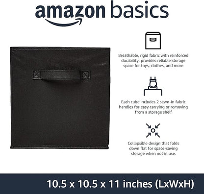Amazon Basics Collapsible Fabric Storage Bins Organizer with Handles, Sturdy, Foldable, 10.5" x 10.5" x 11", Black, 6 Count (Pack of 5)