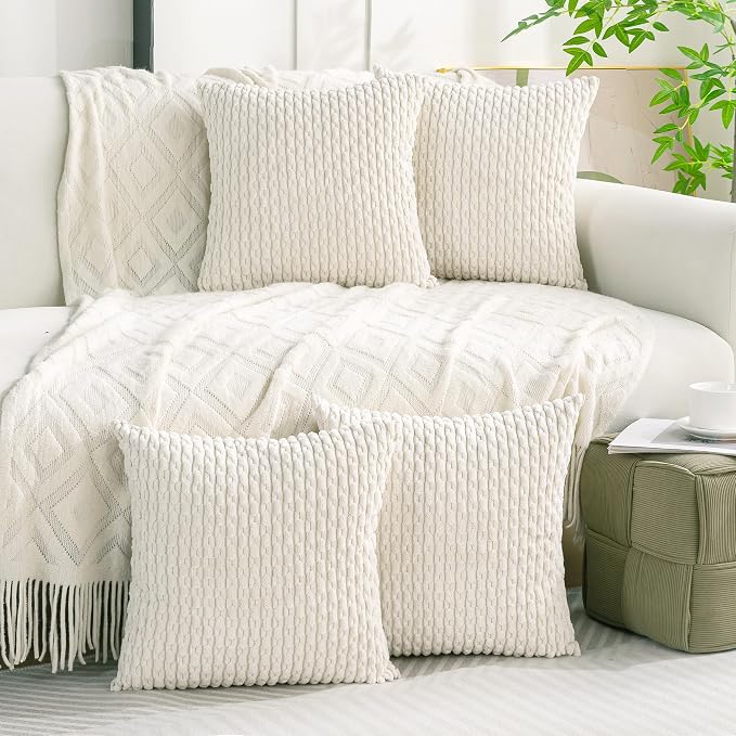 Set of 4 Cream White Decorative Throw Pillow Covers 18x18 Inch Corduroy Pillow Covers for Bed Couch Sofa Living Room Soft Square Cushion Cases