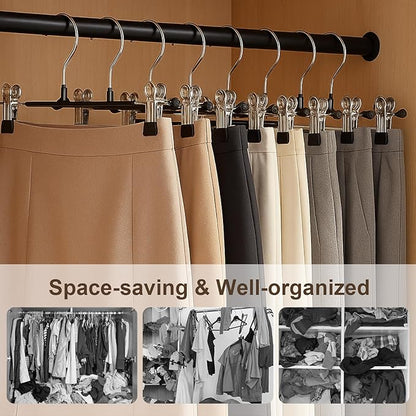 POZEAN Pants Hangers with Clips for Women 20 Pack, 12Inch Adjustable Heavy Duty Skirt Hangers, Space Saving Non-Slip Shorts Jeans Trousers Clothes Hangers, Black