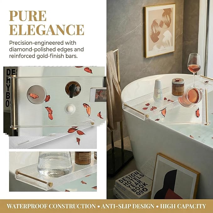 Bathtub Caddy Tray for Luxury Bathroom Bath tub Table Caddy Tray Shelf for Shower with Gold Handles fits All bathtubs