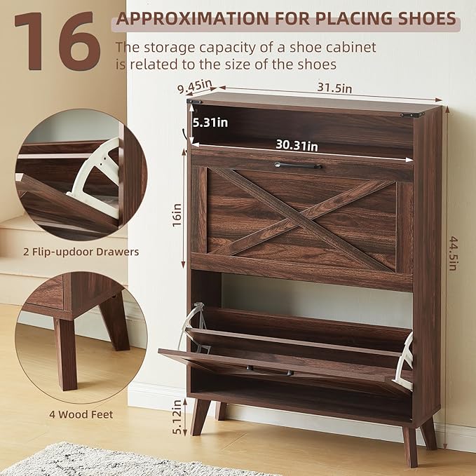 Shoe Storage Cabinet with 2 Flip Drawers, Farmhouse Shoes Organizer for Entryway, Narrow Hidden Shoe Rack with Legs & Open Storage, Freestanding Shoe Closet for Foyer, Hallway, Brown Walnut