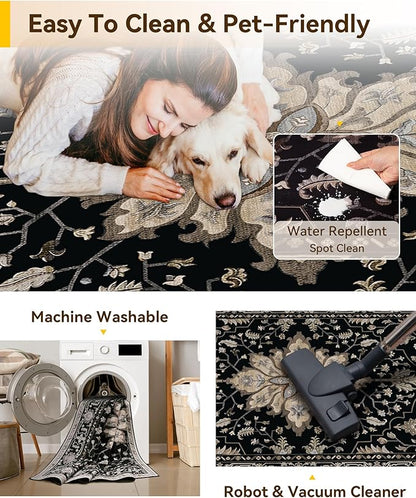 RELEANY Area Rugs Small 2'6"x4' Washable Non-Slip, Floral Vintage Distress Medallion Carpet for Kitchen Entryway Bathroom, Black Brown Neutral Dark Tan