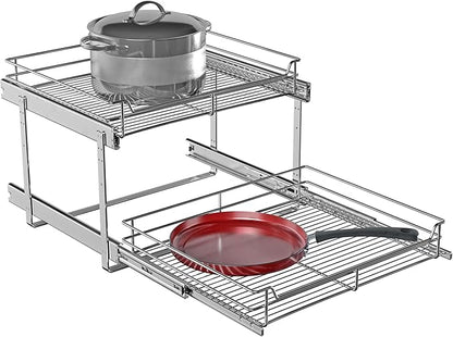 JOWBOOW 2-Tier Cabinet Pull Out Shelves (20" W x 22" D), Slide Out Shelves for Kitchen Cabinets, Metal Pots and Pans Organizer for Under Cabinet