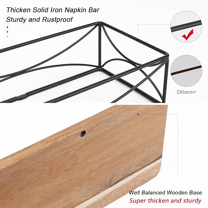 Livabber Guest Napkin Holder, Metal Bathroom Paper Hand Towel Storage Modern Napkin Tray Caddy for Countertop, Table Kitchen, Dinning Room (Black, Wooden Base)
