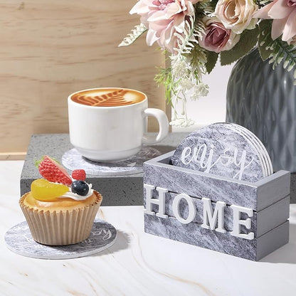 Queekay Coasters Set of 6 House Warming Gifts New Home Wooden Farmhouse Drink Coasters with Holder 4'' Funny Decoration for Kitchen Family Coffee Bar Tabletop Protection(Gray Marble)