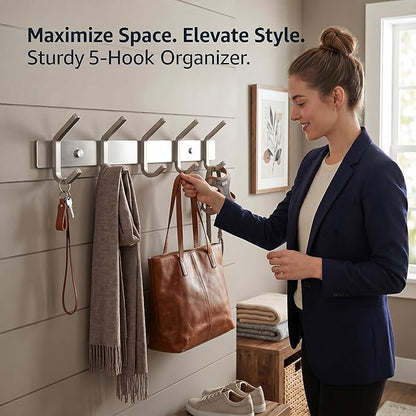 Coat Rack Wall Mount – Brushed Nickel 15 Inch Stainless Steel Hook Rail with 5 Heavy Duty Double Coat Hooks – Wall Mounted Coat Hanger for Entryway, Bathroom, Bedroom, Towel, Hat Organizer - 2 Pack