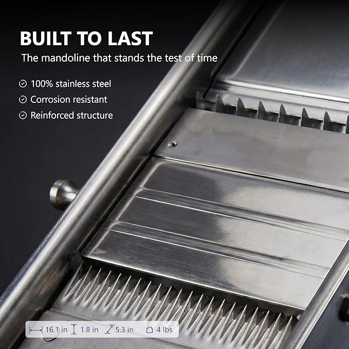 Bron Coucke – Professional Stainless Steel Mandoline with Protective Carriage – 2 Integrated Cutting Blade Units (3 mm & 10 mm) – Smooth & Corrugated Blades – Adjustable – Multi-Function