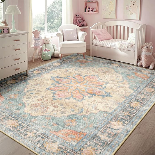 RELEANY Area Rugs 5'x7' Washable Non-Slip, Floral Vintage Distress Medallion Carpet for Living Room Bedroom Dining Room, Blue Orange Red