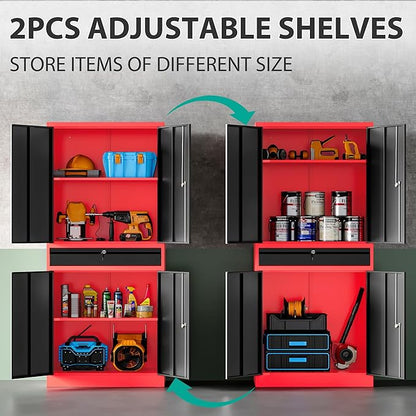 SISESOL Metal Storage Cabinet with Drawer and Lock,Garage Storage Cabinet with Locking Doors and Shelves,71" Black Red Metal Cabinets,Lockable Steel Tool Cabinets for Garage,Home,Office,Shop
