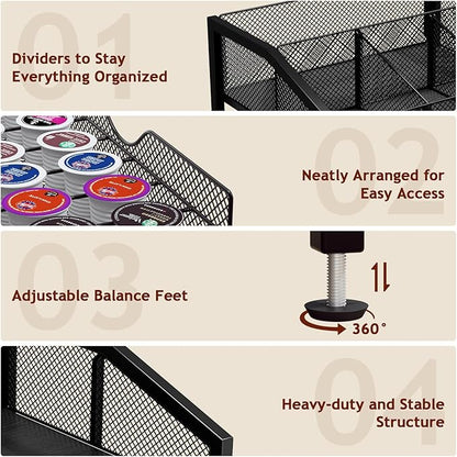 Homsorout Coffee Bar Organizer - Coffee Station for Countertop, Metal and Wood K Cup holder Storage Basket with Drawer for Syrup, Cups, Stirrer, Condiment, Tea Organizer, Black