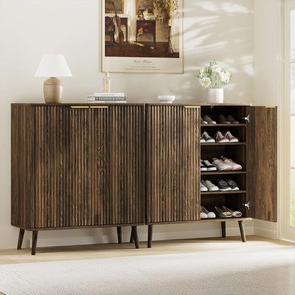 Fluted Shoe Cabinet with Doors 2 Pcs, 5-Tier Shoe Storage Cabinet for Entryway Slim, Wooden Hidden Shoe Organizer Cabinet with Adjustable Shelves and Solid Legs for Hallway, Walnut