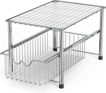DecoBrothers Stackable Under Sink Organizer with Sliding Basket, Chrome