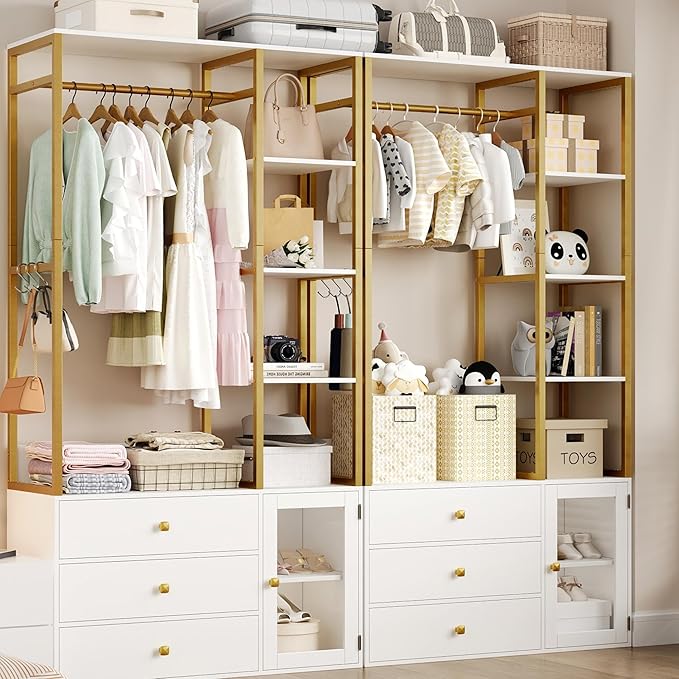 2pcs Closet Organizer System, Wardrobe Closet with 3 Wooden Drawers, Clothes Rack with Hanging Rods and 4 Tiers Shelves, Garment Rack with Metal Frame, White and Gold