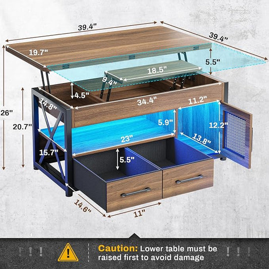 Itaar 40" Lift Top Coffee Table, 4 in 1 Coffee Tables with Storage Cabinet for Living Room, Small Farmhouse Coffee Table with 2 Fabric Drawers & LED Light for Dining Room, Walnut