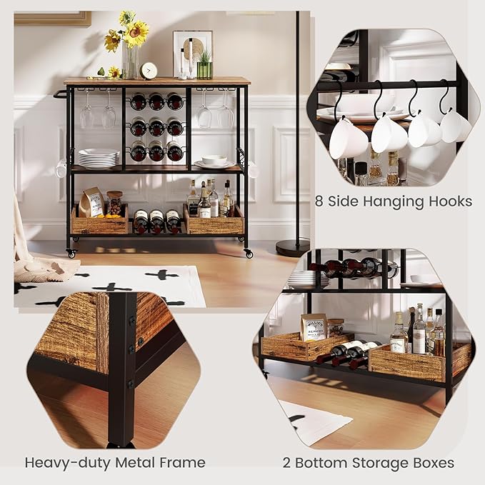 Giantex Bar Cart, 3 Tier Home Serving Cart on Wheels with Handle, Glass Racks, Wine Holders, Hooks & Storage Boxes, Industrial Rolling Beverage Cart for Kitchen, Dining Room, Living Room, Rustic Brown