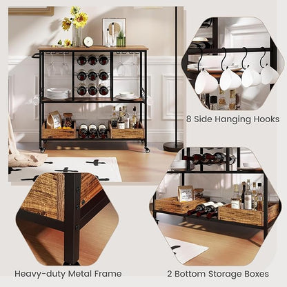 Giantex Bar Cart, 3 Tier Home Serving Cart on Wheels with Handle, Glass Racks, Wine Holders, Hooks & Storage Boxes, Industrial Rolling Beverage Cart for Kitchen, Dining Room, Living Room, Rustic Brown