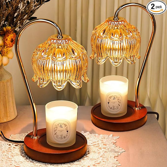 Funistree Flower Candle Warmer Lamp with Timer, Dimmable Candle Lamp Warmer, Christmas Birthday Gifts for Women Mom Her, Housewarming Home Decor, Lotus Wax Warmer for Yankee Candles - Amber-2 Pack