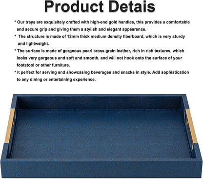 Navy Blue Faux Leather Serving Tray with Handles – Large Decorative Tray for Coffee Table, Ottoman, Living Room, Bathroom – Home Decor