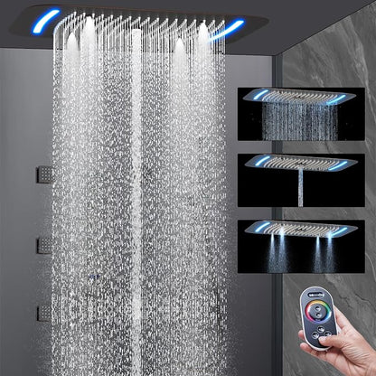 AYIVG Oil Rubbed Bronze Thermostatic Rainfall Shower Mixer System Set 16 x 26 Inch Full Body Shower Jets System 64 Color LED Shower Faucets Sets Complete Temperature Display Shower System Set