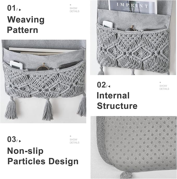 Mkono Macrame Couch Organizer Remote Control Caddy Sofa Armrest Armchair Bedside Storage Holder Bag for TV Remote, Magazine, Books, Cell Phone, iPad, Boho Living Room Home Dorm Decor, Grey