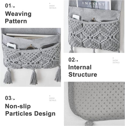 Mkono Macrame Couch Organizer Remote Control Caddy Sofa Armrest Armchair Bedside Storage Holder Bag for TV Remote, Magazine, Books, Cell Phone, iPad, Boho Living Room Home Dorm Decor, Grey