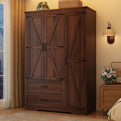 St.Mandyu Farmhouse Wardrobe Armoire Closet with 3 Doors and 2 Drawers, 70.1" Wooden Clothing Storage Cabinet, Freestanding Large Capacity Storage Wardrobe Armoire with Hanging Rod for Bedroom, Brown