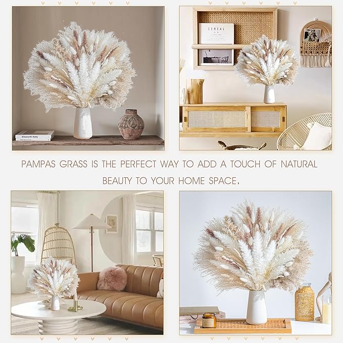 96PCS Natural Dried Pampas Grass Boho Home Decor Bouquet Phragmites Dried Flowers Bouquet for Wedding Floral Arrangements Home Decorations (96PCS)