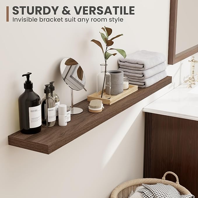 Acovy 16 Inch Floating Shelves, 8 Inch Deep Floating Shelves for Wall, Hanging Shelf with Invisible Brackets, Deep Shelves for Bathroom, Bedroom, Living Room, Walnut, Set of 2