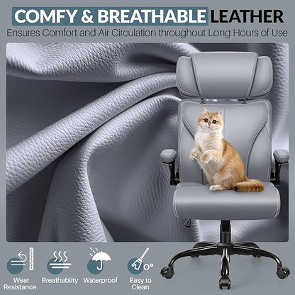 Office Chair, Ergonomic Big and Tall Computer Desk Chair with Retractable Adjustable Headrest, Executive Breathable Leather Chair, Lumbar Support Swivel PC Chair with Flip-up Armrests Rocking Function