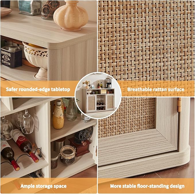 Lerliuo Rattan Wine Cabinet with 2 Doors, Boho Liquor Cabinet with Wine Racks, Farmhouse Coffee Bar Station for Living Room, Dining Room, Kitchen, Grey White
