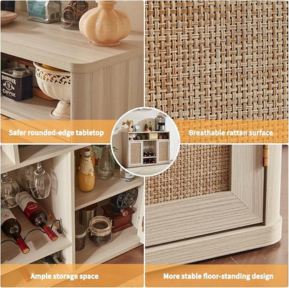Lerliuo Rattan Wine Cabinet with 2 Doors, Boho Liquor Cabinet with Wine Racks, Farmhouse Coffee Bar Station for Living Room, Dining Room, Kitchen, Grey White