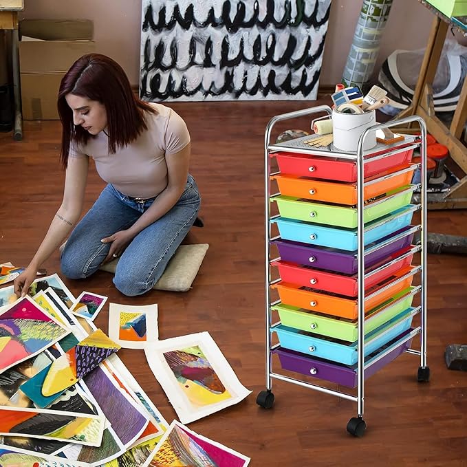 OFFICEJOY Storage Cart, Rolling Utility Cart with 10 Drawers, Portable Handles & Lockable Wheels, Mobile Paper Toys Storage Organizer Large Capacity for Home Office School Teacher (Multi-Color)