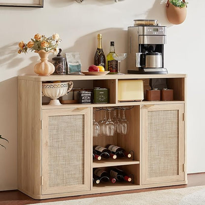 Lerliuo Rattan Wine Cabinet with 2 Doors, Boho Liquor Cabinet with Wine Racks, Farmhouse Coffee Bar Station for Living Room, Dining Room, Kitchen, Natural Wood