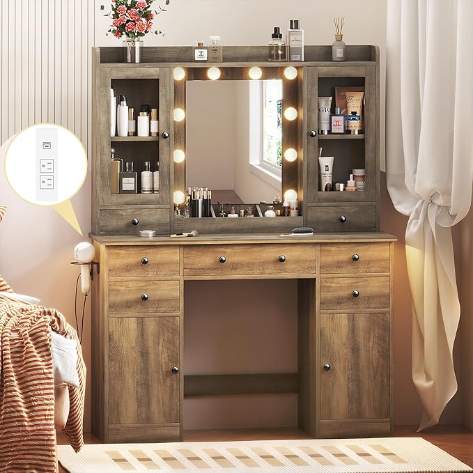 Vanity Desk with Mirror and Lights, Grey Vanity with Lighted Mirror & Power Outlet and 7 Drawers, 3 Color Modes Adjustable, Makeup Dressing Table Set with Lights for Girls Women