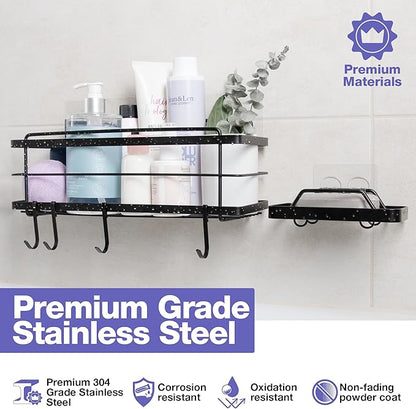 KINCMAX Premium Shower Caddy - Self Adhesive Shower Shelf with 4 Hooks - No Drill Large Capacity Stainless Steel Rack - Aesthetic Organizer for Bathroom Wall Decor - Black