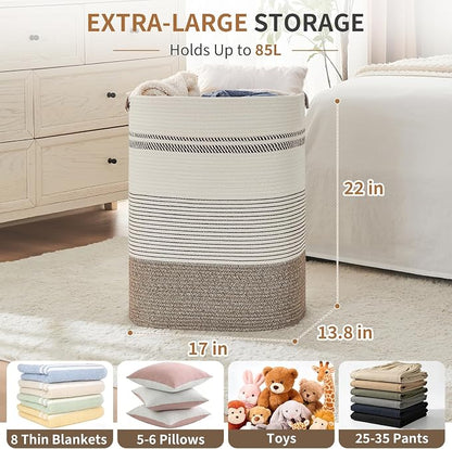 AINUOQI Laundry Hamper - Tall Woven Rope Laundry Basket - Clothes hamper with Leather Handles, 17" X 13.8" X 22", Blanket Storage Basket for Living Room, Rice Brown & White