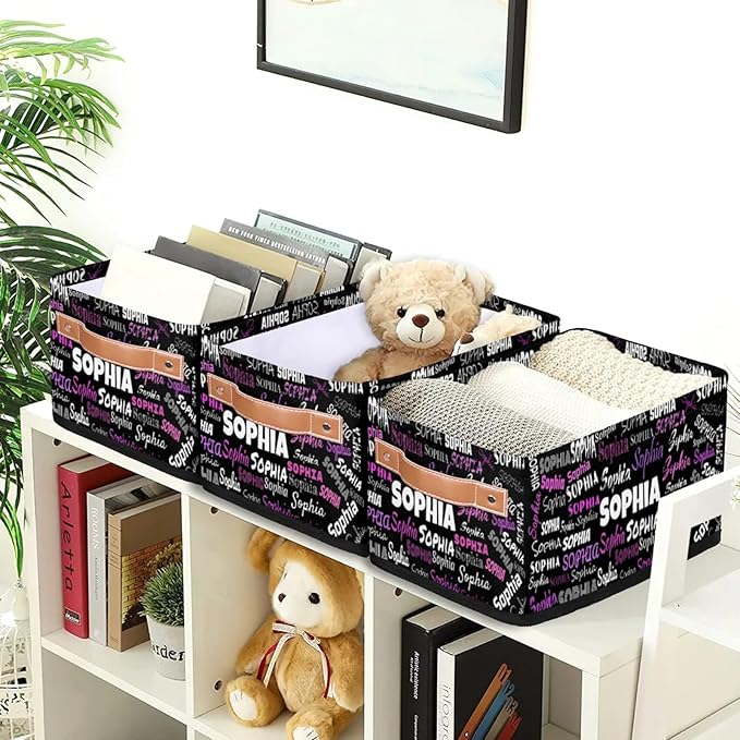 Custom Name Storage Basket, Personalized Small Storage Basket with Handles for Organizing Women Cosmetics Kids Toys Office Closet Shelf Baskets, Black with Colorful Names