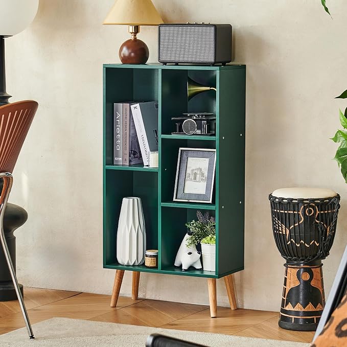 LEYAOYAO 5 Cube Bookshelf 3-Tier Bookcase with Legs,Mint Dark Green Kids Book Shelf Cute Storage Organizer,Free Standing Open Toy Shelves Wood Bookshelves,Display Bookcases for Bedroom,Living Room