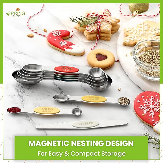 Spring Chef Stainless Steel Magnetic Measuring Spoons Set of 8 with Leveler, Metal Teaspoon & Tablespoon Measure Spoons Set for Baking & Cooking, Stackable & Double Sided Kitchen Gadgets - Very Merry
