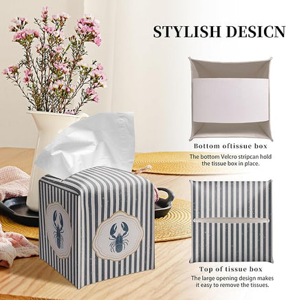 Grace Yonks Cute Coastal Lobster Tissue Box Cover Square, Kitchen Striped Cube Case for Facial Tissues, 5.2" PU Leather(070)