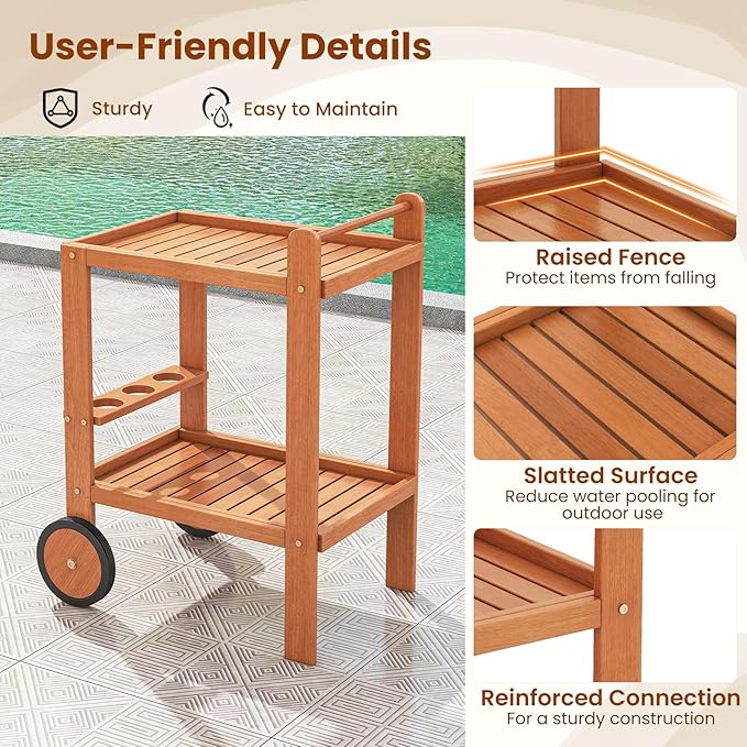 Giantex Wood Bar Cart, 2 Tier Side Table with Large Wheels & Wine Bottle Rack, Home Bar Serving Cart with Teak Oil Finish, Indoor & Outdoor Mobile Beverage Cart for Home, Poolside, Patio