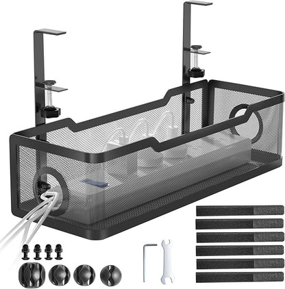 Under Desk Cable Management Tray Black, Cinati Wire Organizers No Drill, Cable Tray with Clamp for Wire Management, Cord Organization Box for Office, Home - No Damage to Desk
