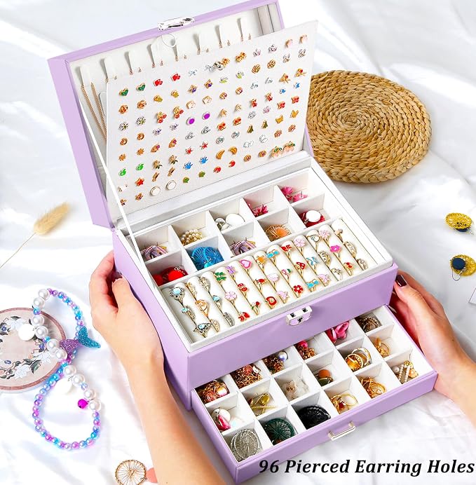 QBestry Earrings Jewelry Box for Girls, 5 Layers Jewelry Organizer with Earring Holder Organizer for Girls Earring Organizer Jewelry Boxes for Women Earrings and Necklaces Jewelry Box Organizer Violet