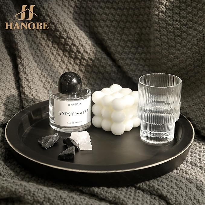 Hanobe Candle Plate Holder Tray: Round Wood Decorative Candle Plate - Rustic Farmhouse CoffeeTable Decor - Tealight Pillar Trays for Home Decor (Black)