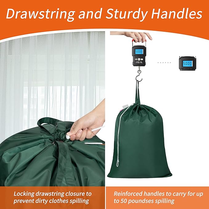Polecasa 2 Pack Extra Heavy-Duty Laundry Bag 28x36”- Machine Washable Large Storage Bag with Reinforced Handles & Drawstring Closure & ID Tag for College Dorm Travel - Green