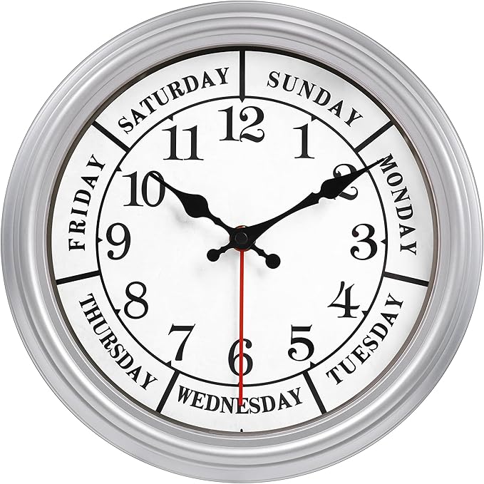 JENLYSTIME 12 Inch Retro Wall Clock,Classic Day of The Week Wall Clock,Silent Non Ticking Battery Operated Movement(Silver)