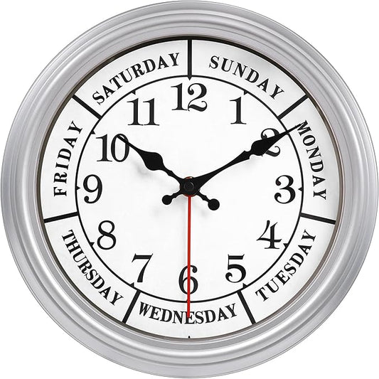 JENLYSTIME 12 Inch Retro Wall Clock,Classic Day of The Week Wall Clock,Silent Non Ticking Battery Operated Movement(Silver)